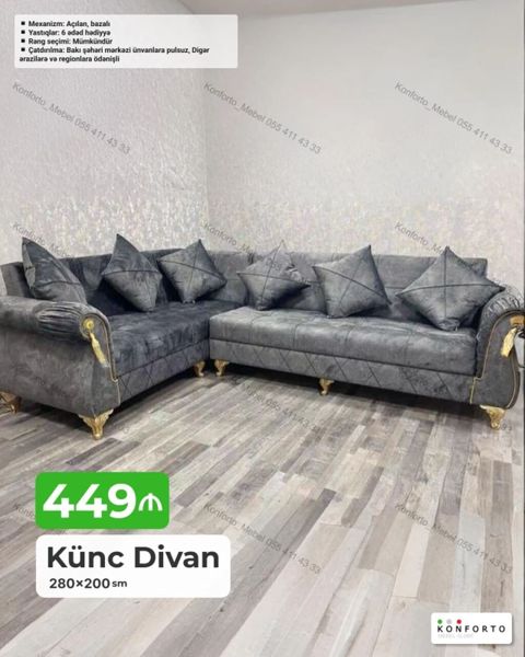 Künc divan – 280×200 sm - Mekanizm: açılan, bazalı (yataq funksiyalı