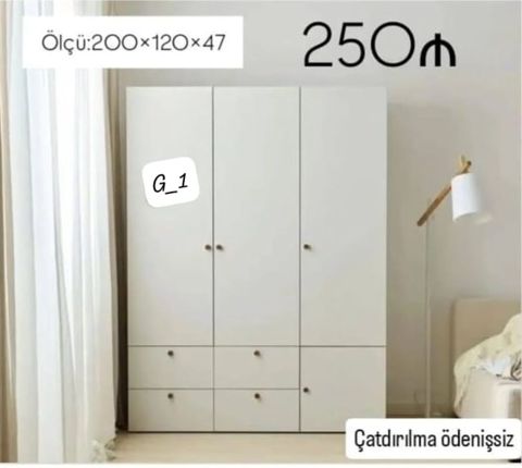 Ağ rəngli 3 qapılı paltar şkafı - Ölçü: 200 × 120 × 47 sm - Üst