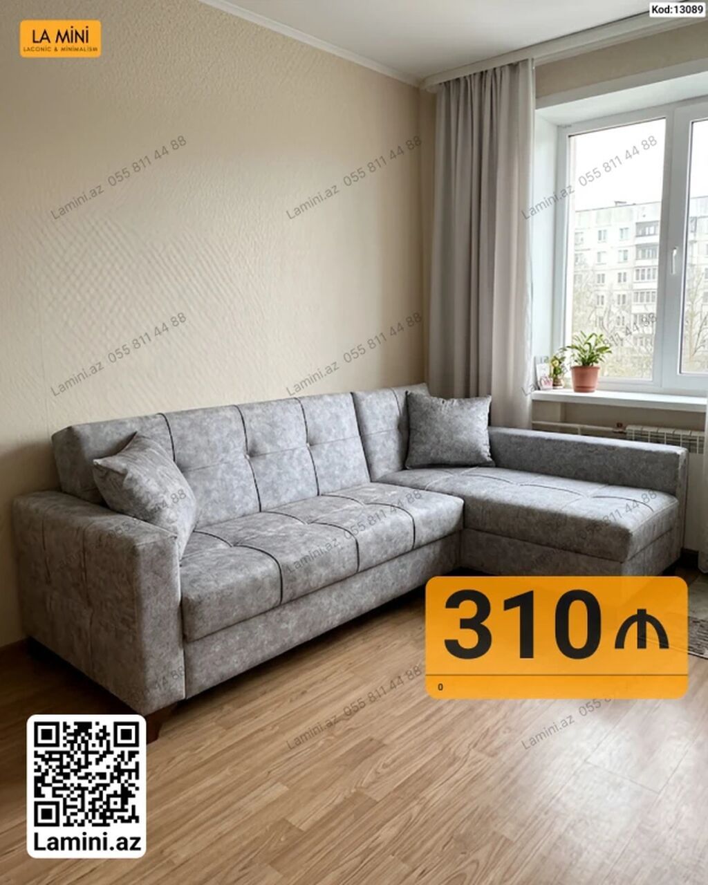 LA Mini künc divanı - Model kodu: 13089 - Rəng: açıq boz, mərmər — Mebel, Bakı