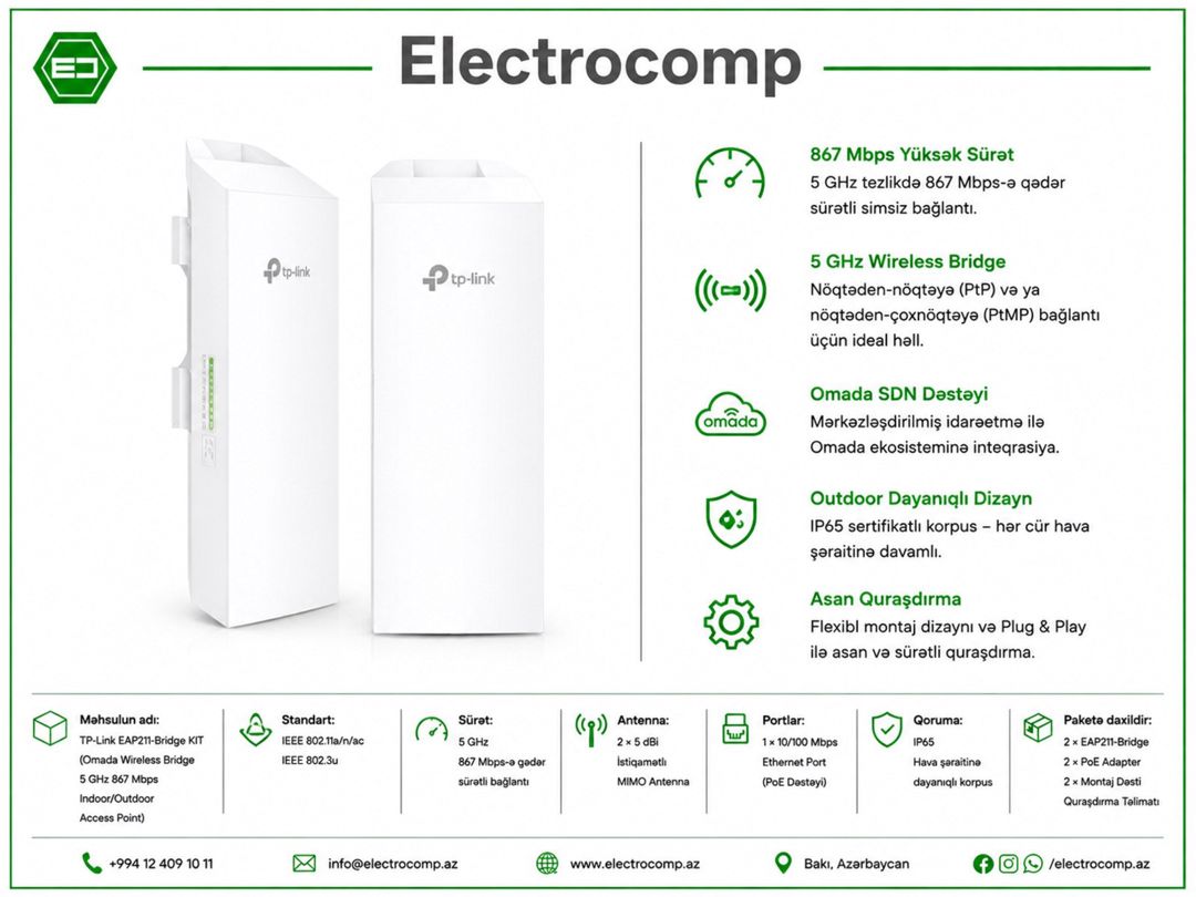 TP-Link EAP211-Bridge KIT — Şəbəkə və server avadanlığı, Bakı