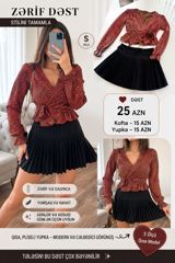 Zərif qadın geyim dəstləri 1) Qısa pliseli ətək + naxışlı qırmızı — Goods