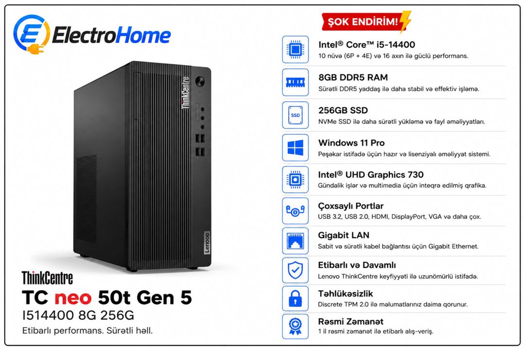 Lenovo ThinkCentre neo 50t Gen 5 (i5-14400 / 8GB / 256GB SSD) — Elektronika, Bakı