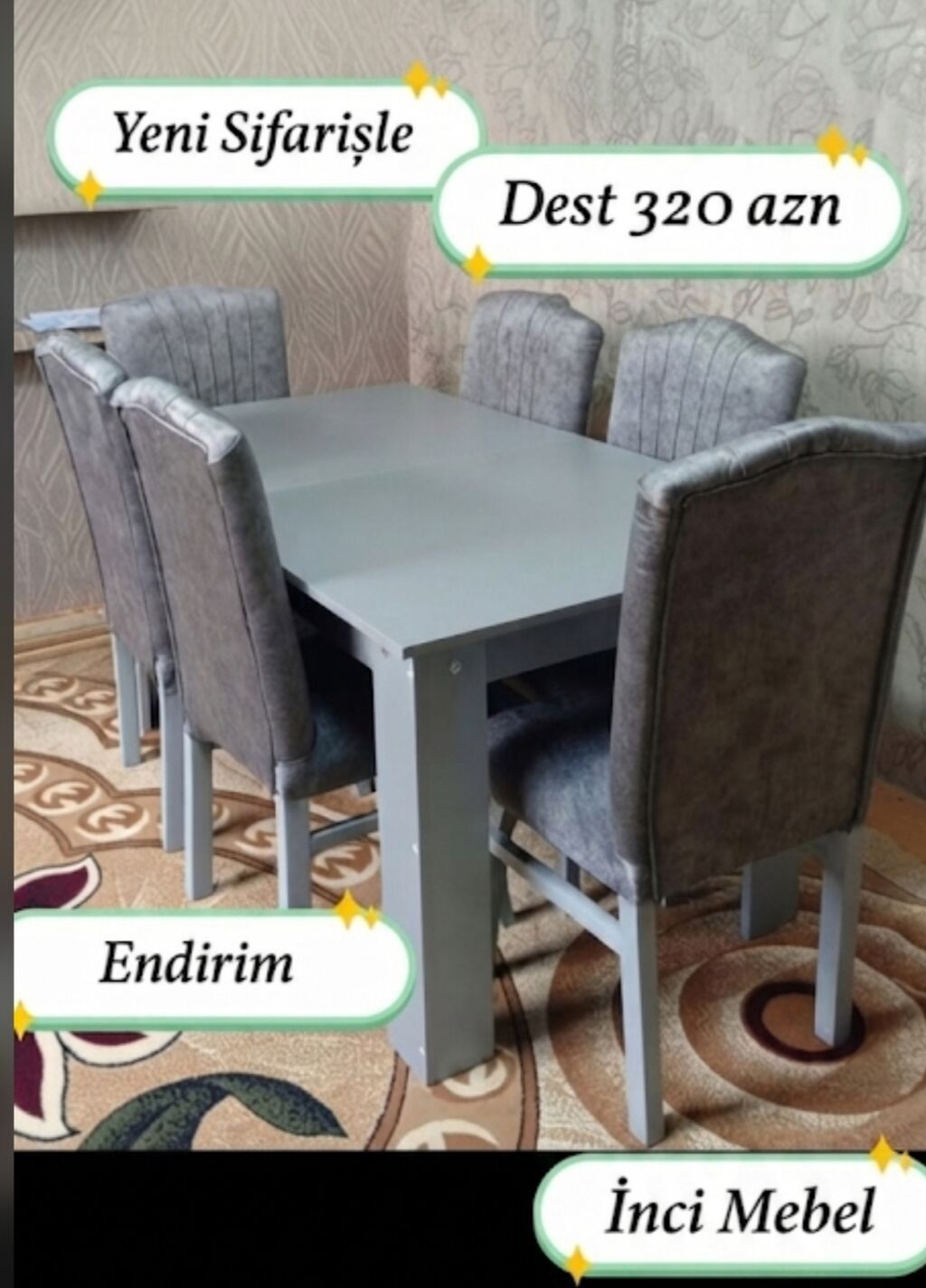 Qonaq otağı üçün, Yeni, Açılmayan, Dördbucaq masa, 4 stul