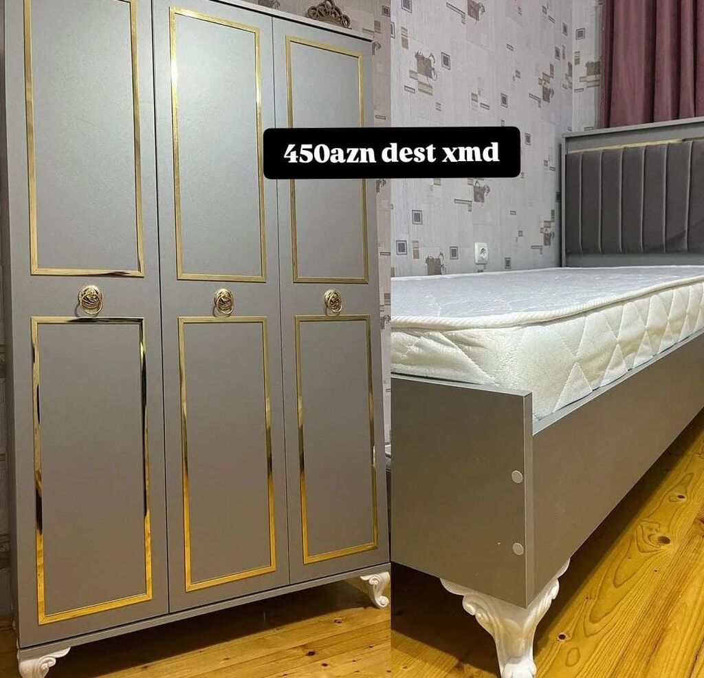 Yataq otağı dəsti - Rəng: boz korpus, qızılı dekor xətləri; ağ