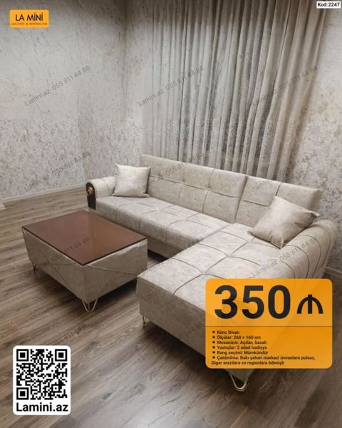 Künc divan – Kod: 2247 - Ölçülər: 260 × 160 sm - Mexanizm: açılan