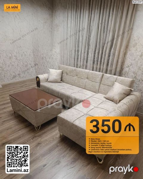 Künc divan – Kod: 2247 Ölçülər: 260 160 sm Mexanizm: açılan — Bakı