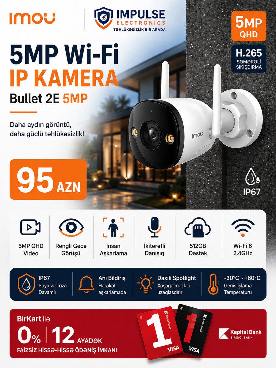 WiFi Çöl Kamerası | 5MP IP Kamera | IMOU Bullet 2E | İnsan Aşkarlama — Təhlükəsizlik sistemləri, Bakı