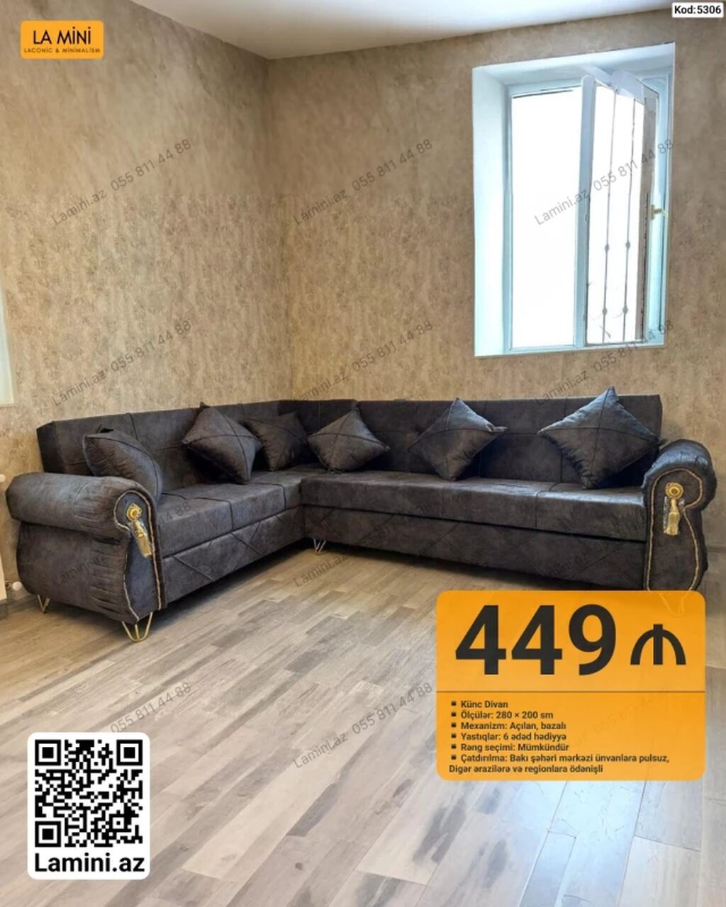 Künc divan – Kod: 5306 - Ölçülər: 280 × 200 sm - Mexanizm: Açılan — Mebel, Bakı