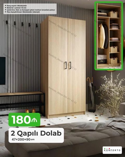 2 qapılı şkaf – 47×200×90 sm Xüsusiyyətlər: - Material: 18 mm laminat