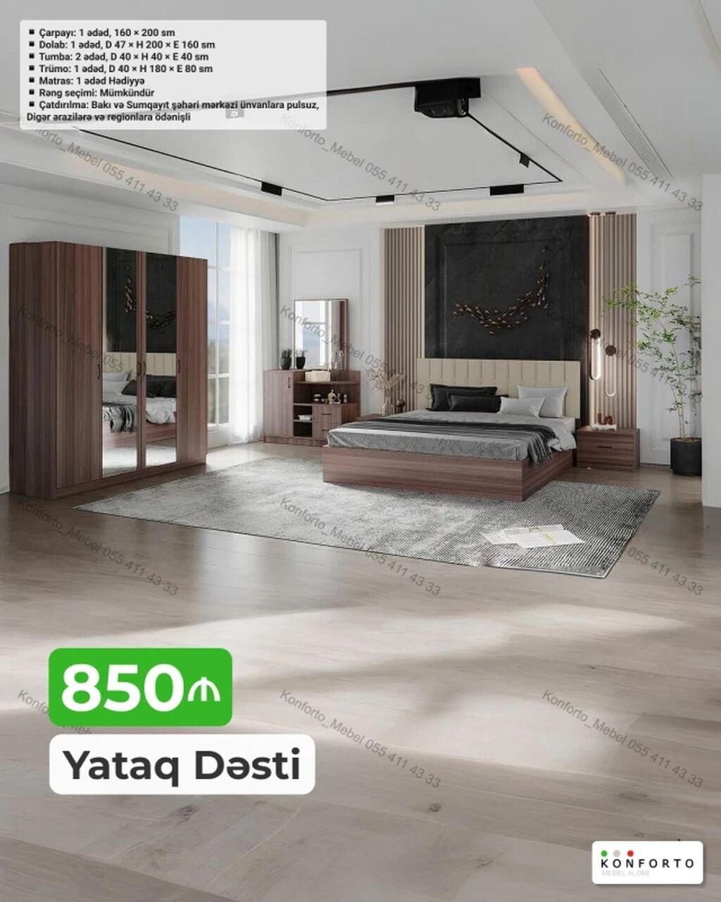 Yataq Dəsti – 850 ₼ Komplektə daxildir: - Çarpayı: 1 ədəd, 160 × 200