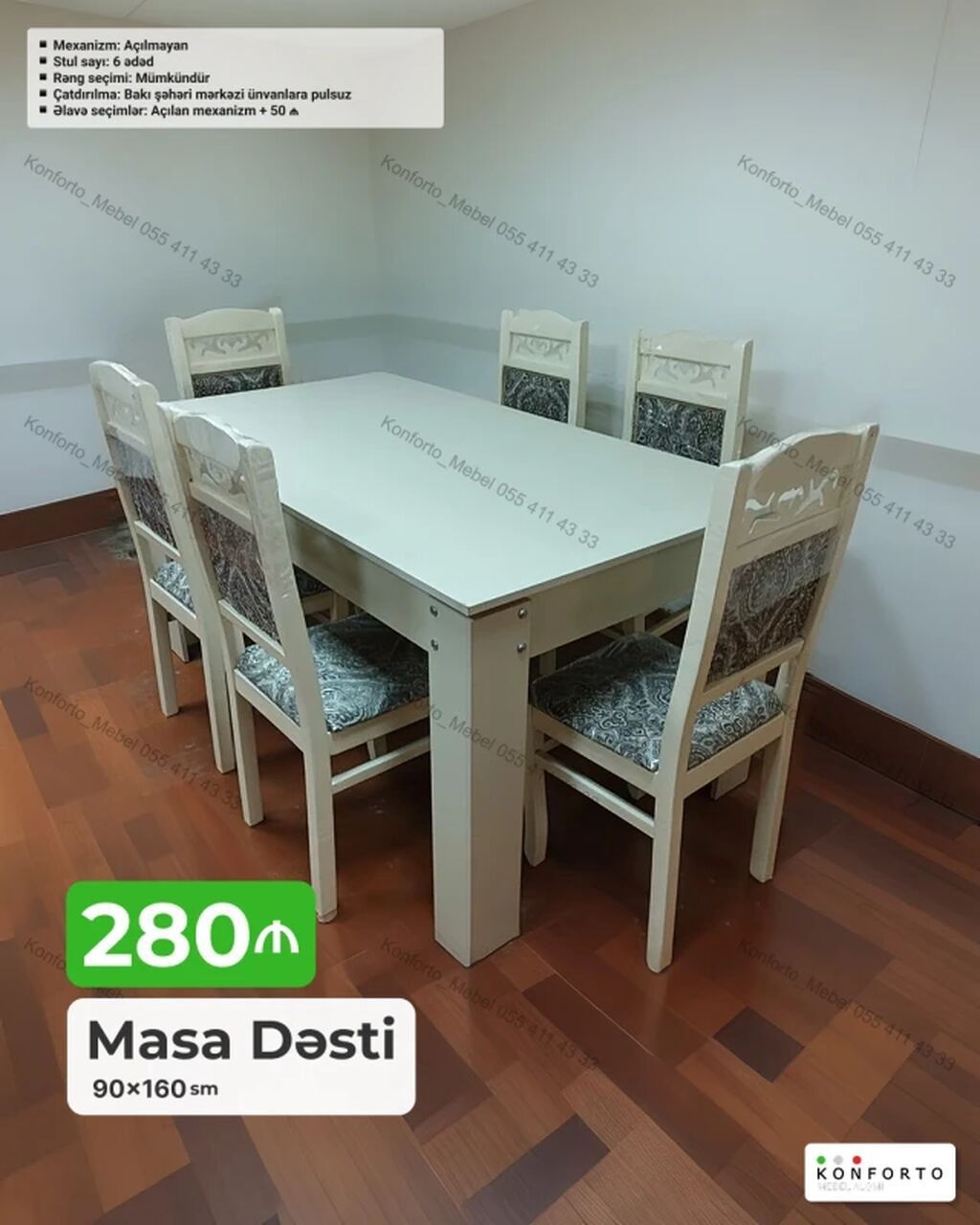 Məhsul: Masa dəsti - Ölçü: 90×160 sm - Komplekt: 1 masa + 6 ədəd stul