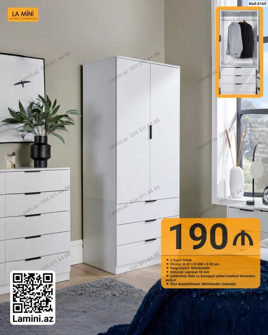 İki qapılı şkaf – minimal dizayn, ağ rəng Xüsusiyyətlər: - Korpus — Mebel, Bakı