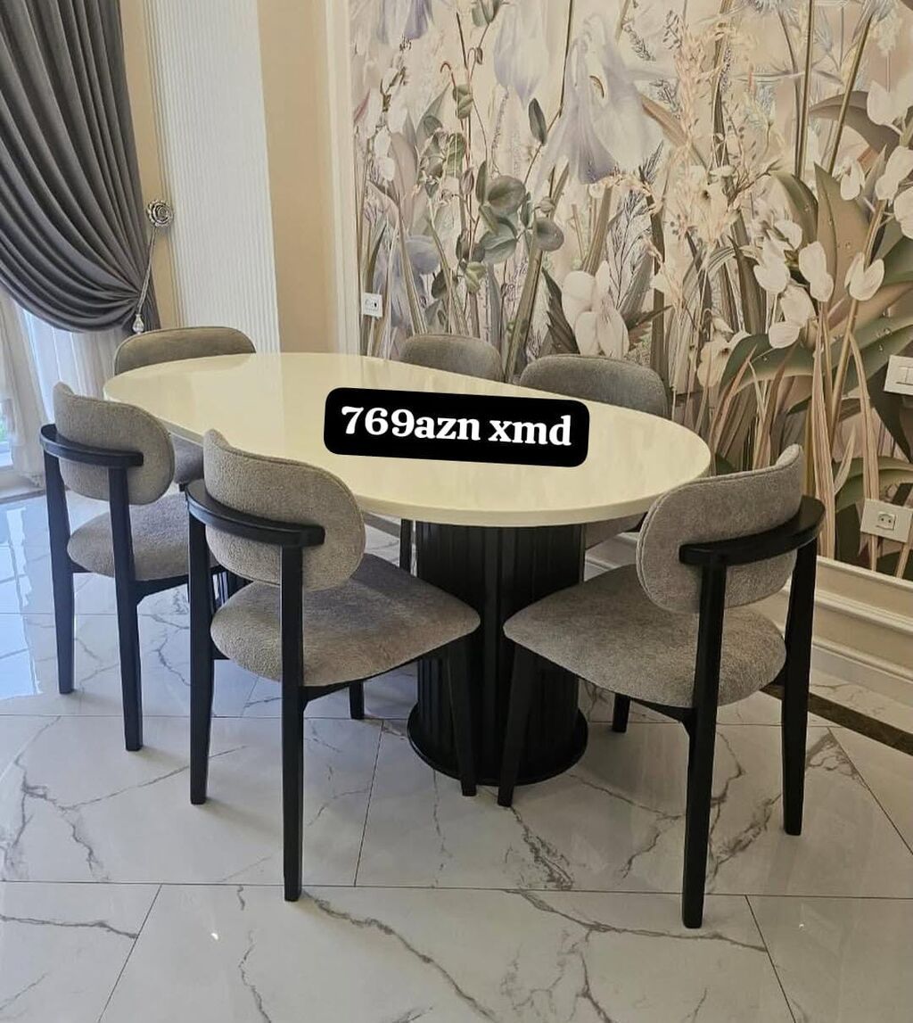 Oval yemək masası və 6 ədəd stul dəsti. - Masa: oval formalı, parlaq — Mebel, Xırdalan