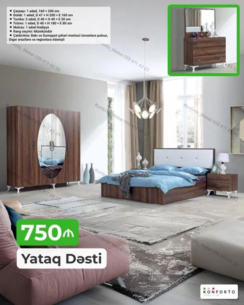 Yataq Dəsti – 750₼ Tərkib: - Çarpayı: 1 ədəd, 160 × 200 sm - Dolab: 1