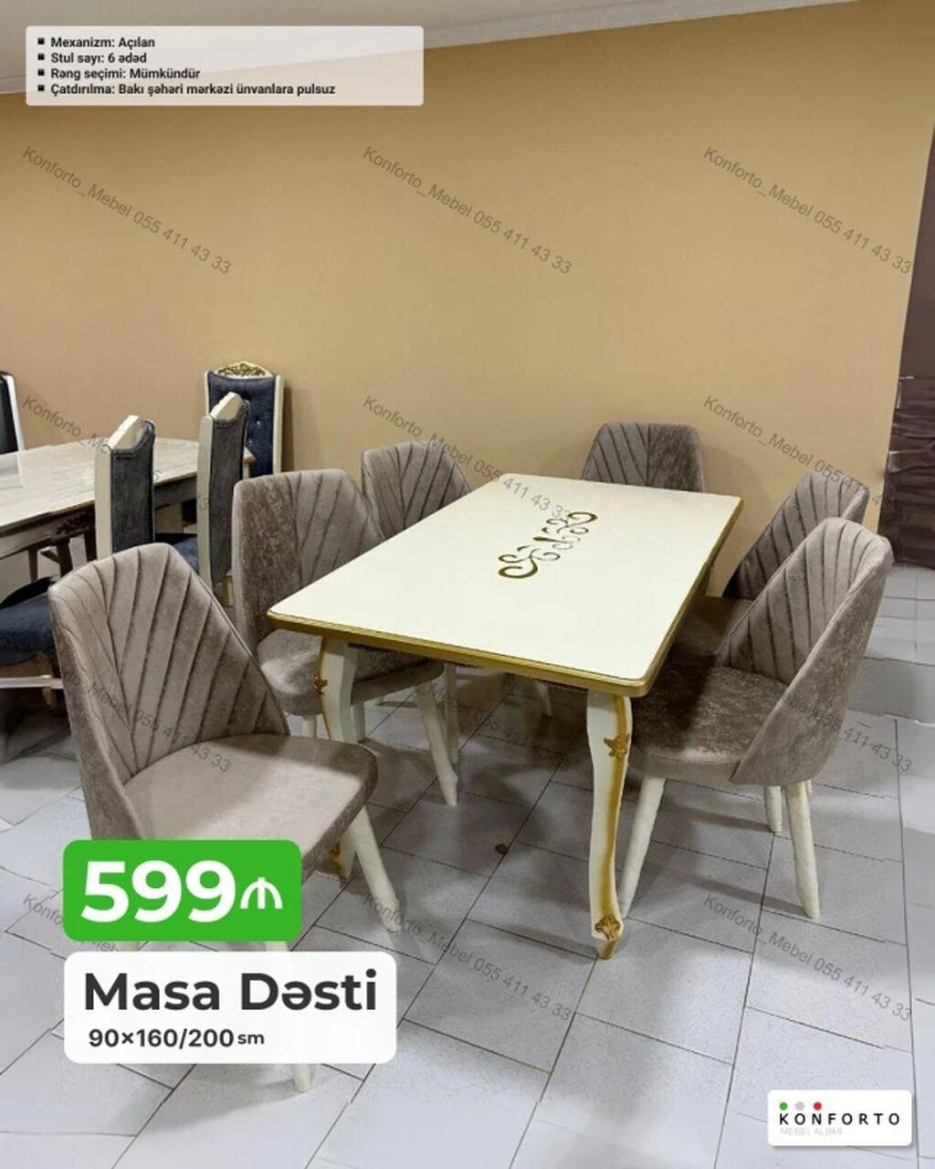 Masa Dəsti – 6 stul ilə - Masa ölçüsü: 90×160/200 sm (açılan mexanizm — Mebel, Bakı