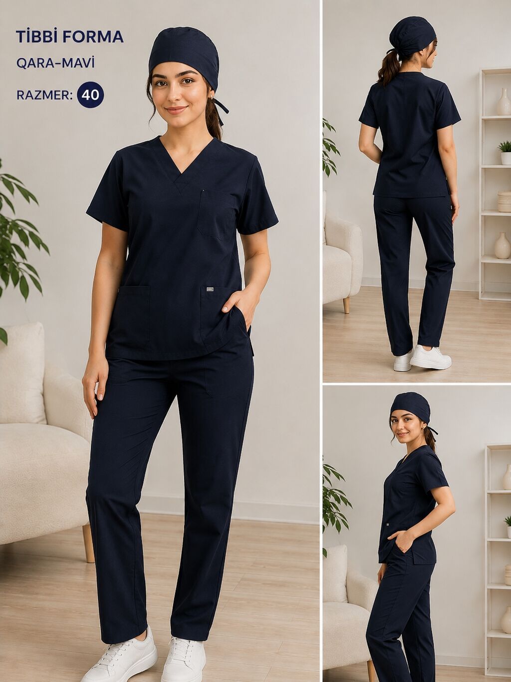 Tibbi forma dəsti – qara-mavi rəng • Ölçü: 40 • Komplekt: V-yaxa — Mallar, Masazır