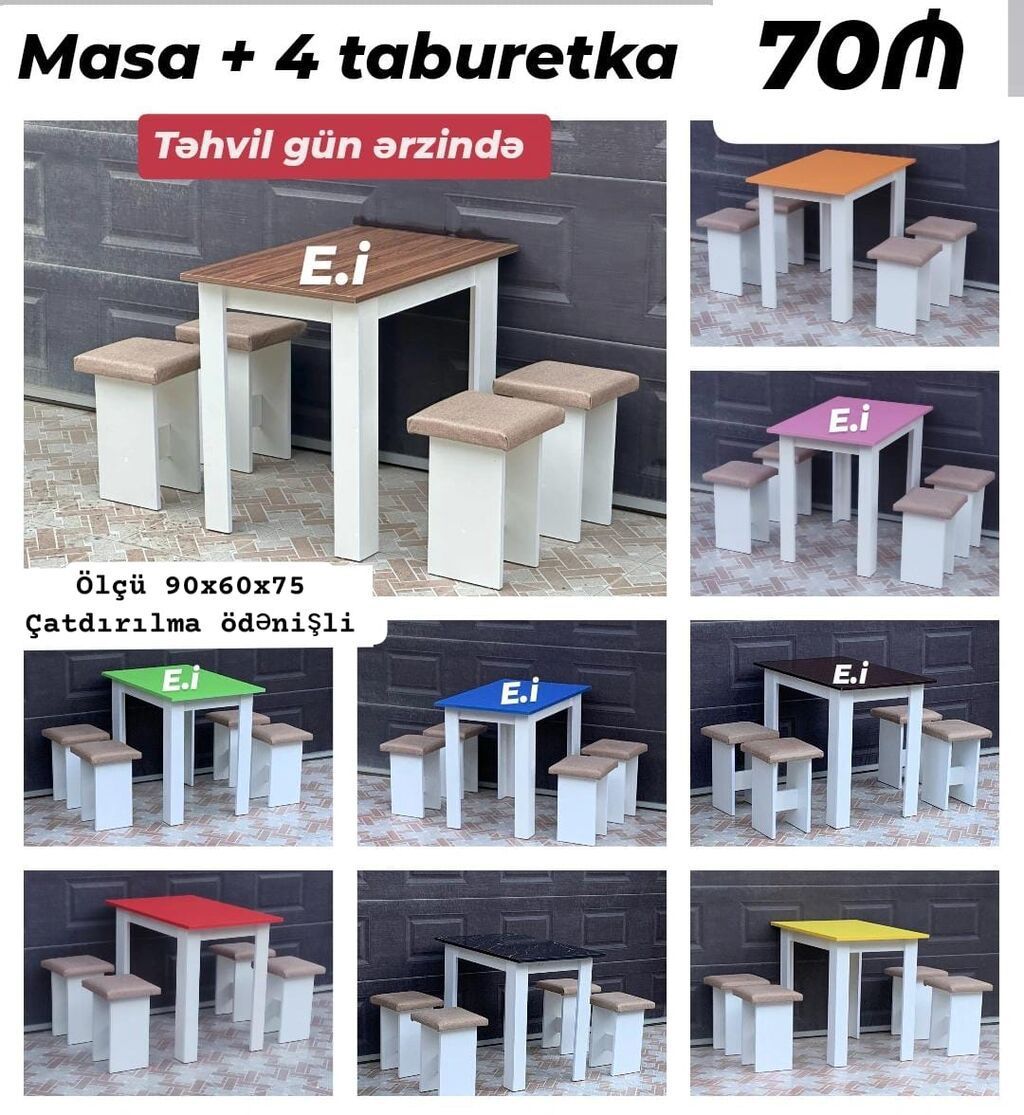 Masa + 4 taburetka dəsti - Ölçü: 90×60×75 sm - Rəng seçimləri: ağ