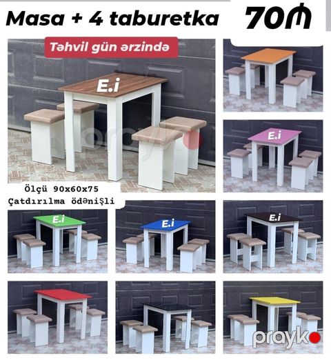 Masa + 4 taburetka dəsti - Ölçü: 90×60×75 sm - Rəng seçimləri: ağ