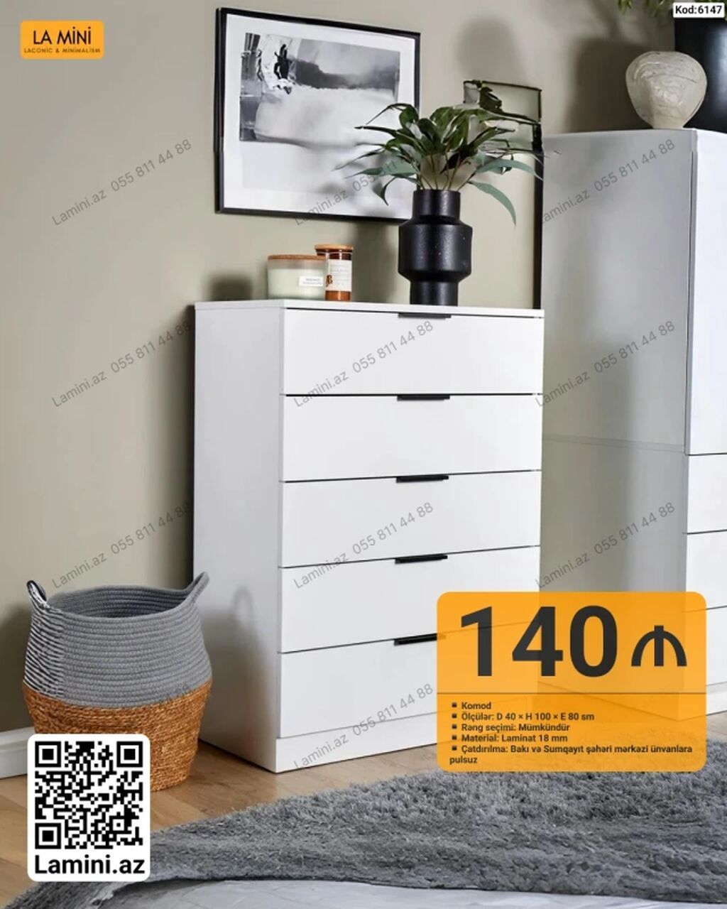Ağ rəngli minimal komod - Model: Kod 6147 - Ölçülər: Dərinlik 40 sm × — Mebel, Bakı