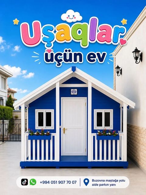 Uşaqlar üçün dekorativ oyun evi mavi-ağ, taxta