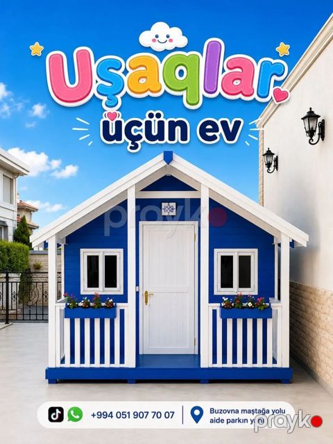 Uşaqlar üçün dekorativ oyun evi mavi-ağ, taxta — Digah