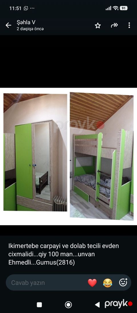 İkimərtəbəli çarpayı və şkaf dəsti — açıq palıd/yaşıl — Bakı
