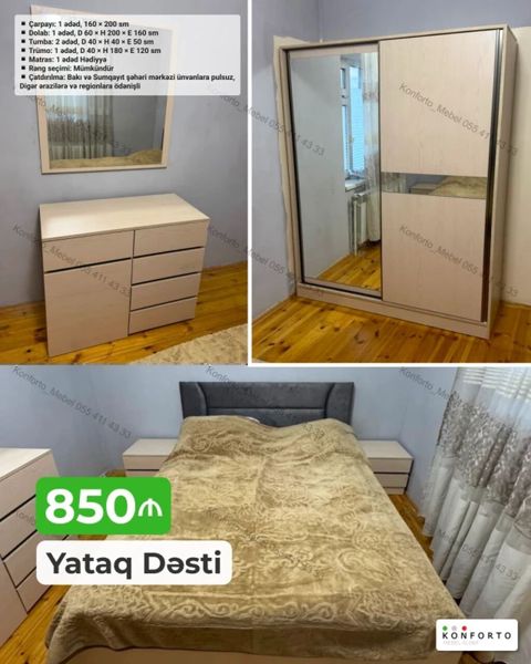 Yataq Dəsti – 850 Tərkib: - Çarpayı: 1 ədəd, 160 x 200 sm - Dolab — Konforto Mebel — Bedroom furniture sets