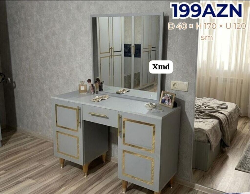 Vizaj stolu və güzgü dəsti - Rəng: Boz, qızılı dekor elementləri ilə