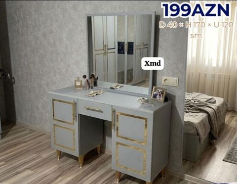 Vizaj stolu və güzgü dəsti - Rəng: Boz, qızılı dekor elementləri ilə — Xırdalan