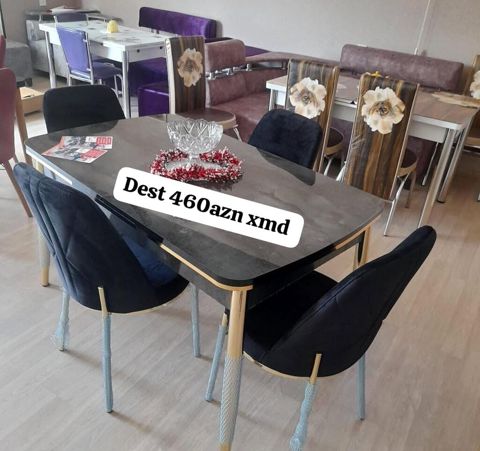Yemək otağı dəsti - 1 ədəd düzbucaqlı masa, tünd mərmər effektli — Xırdalan