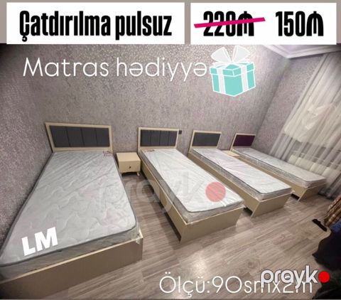 Tək nəfərlik çarpayılar – ölçü: 90 sm x 2 m. - Başlıq hissəsi yumşaq — Bakı