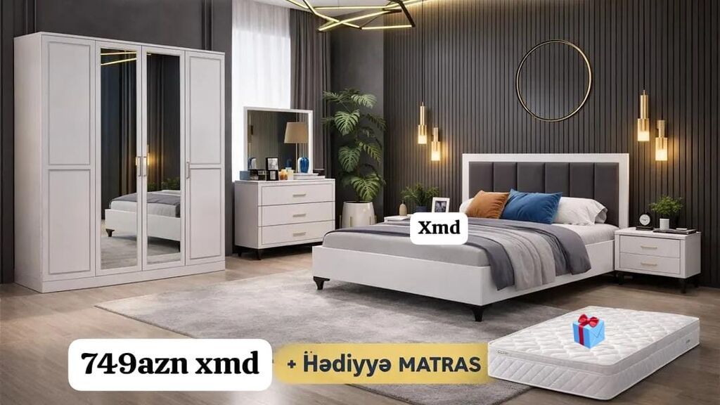 Yataq otağı dəsti – modern dizayn, ağ və boz tonlarda Dəst tərkibi: - — Mebel, Xırdalan