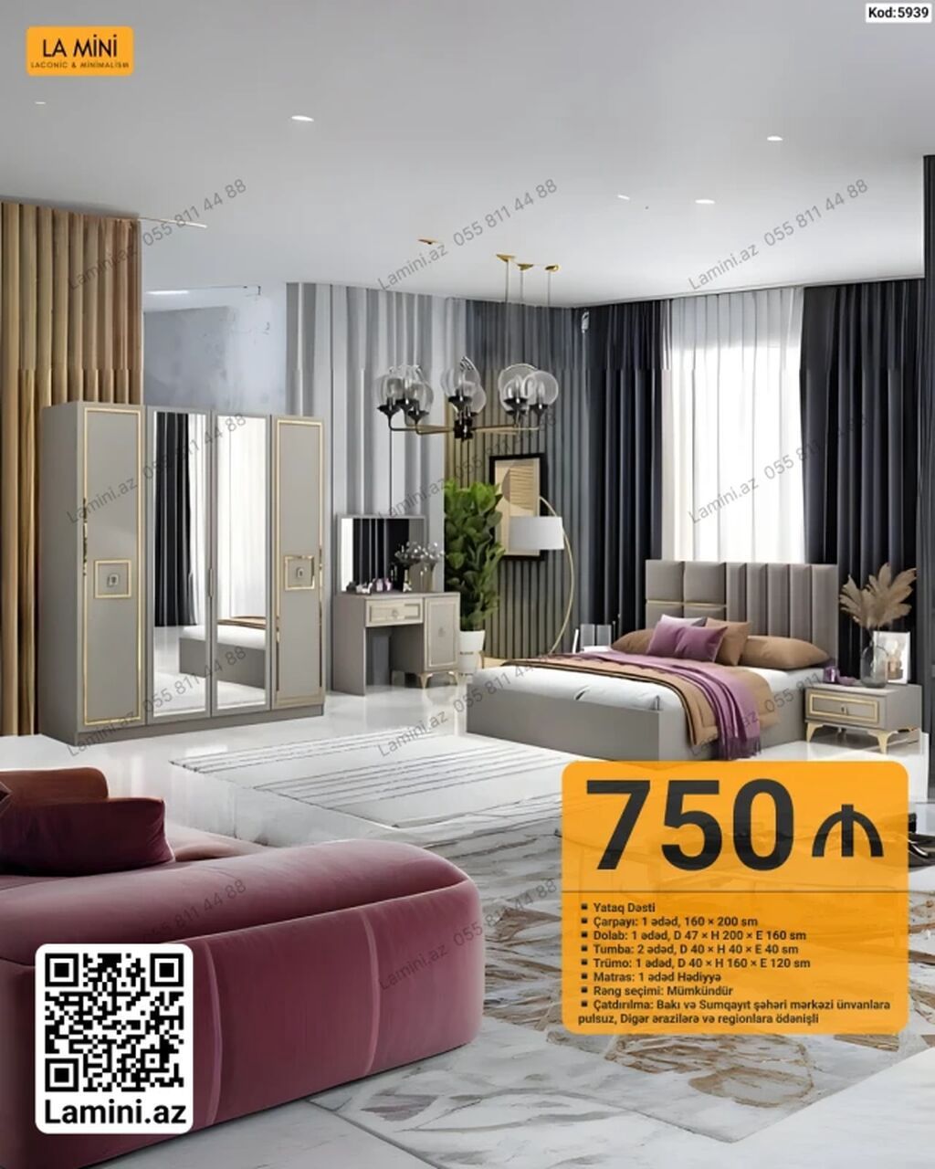 LA MINI – Yataq Dəsti (Kod: 5939) Komplekt: - Çarpayı: 1 ədəd, 160 x — Mebel, Bakı