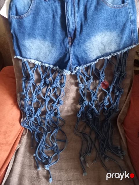 Qadın denim şort – makrame üslublu uzun iplərlə - Material: klassik