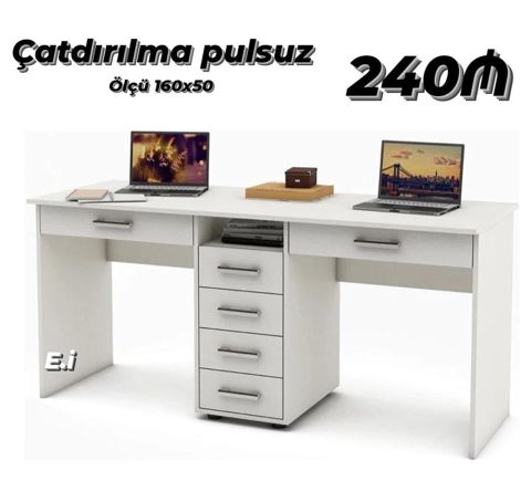 İki iş sahəli iş masası - Ölçü: 160 x 50 sm - Rəng: ağ - Dizayn