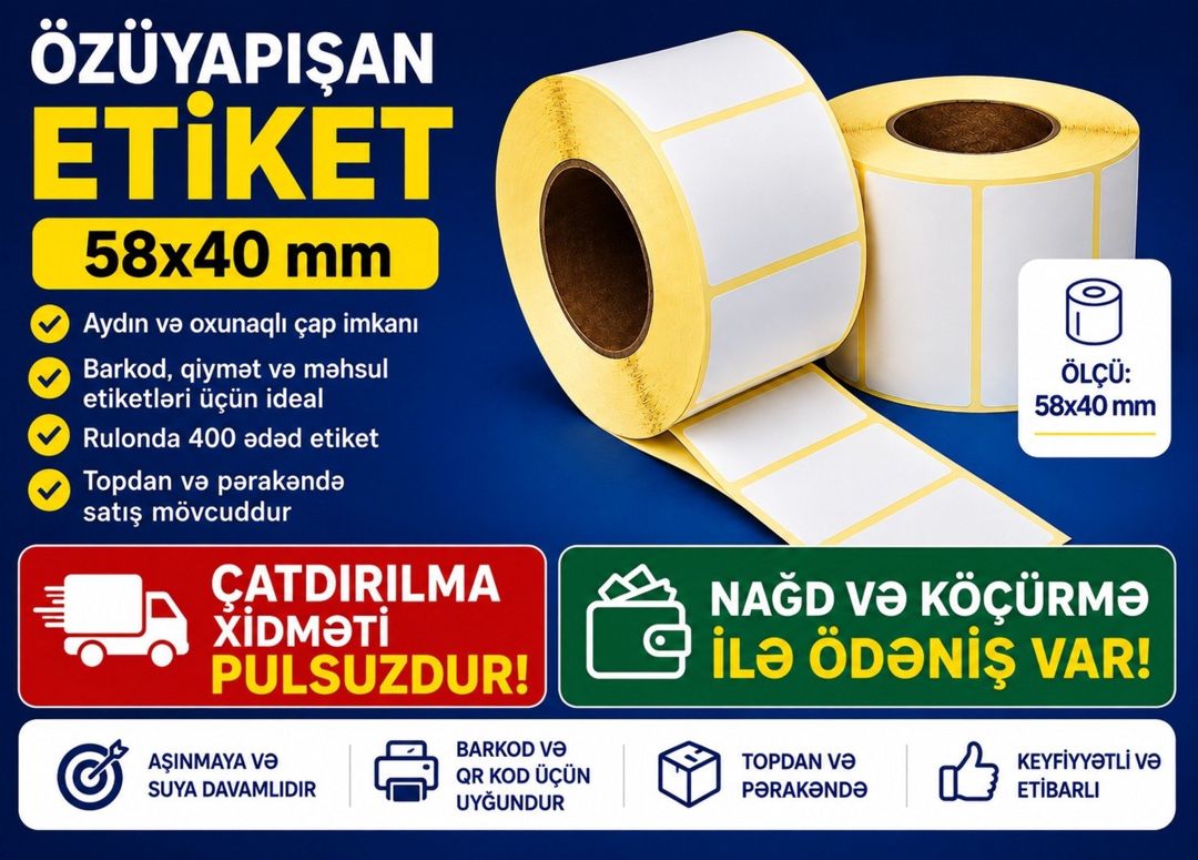 Özüyapışan Etiket 58x40 — Mallar, Bakı