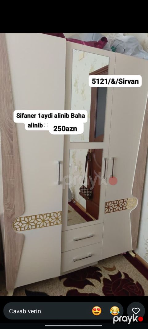 Üç qapılı geyim dolabı - Material: ağ və ağac teksturalı laminat