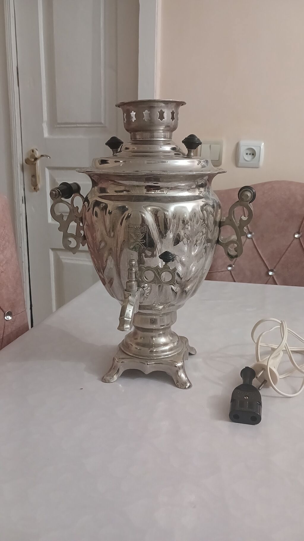 Elektrik samovar – sovet istehsalı, paslanmayan metal korpuslu, oymalı — Samovarlar, Şirvan (2)