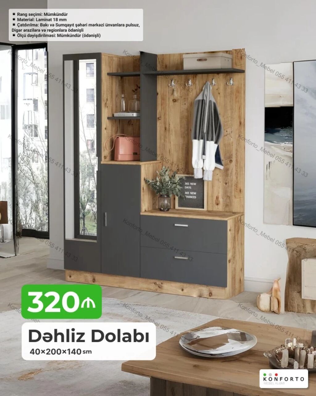 Dəhliz dolabı – 40×200×140 sm - Rəng seçimi: mümkündür - Material: 18 — Mallar, Bakı