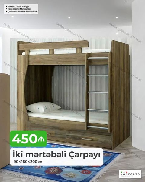 İki mərtəbəli çarpayı – 90×180×200 sm - Kompakt dizayn: yuxarı və — Konforto Mebel — Çarpayılar