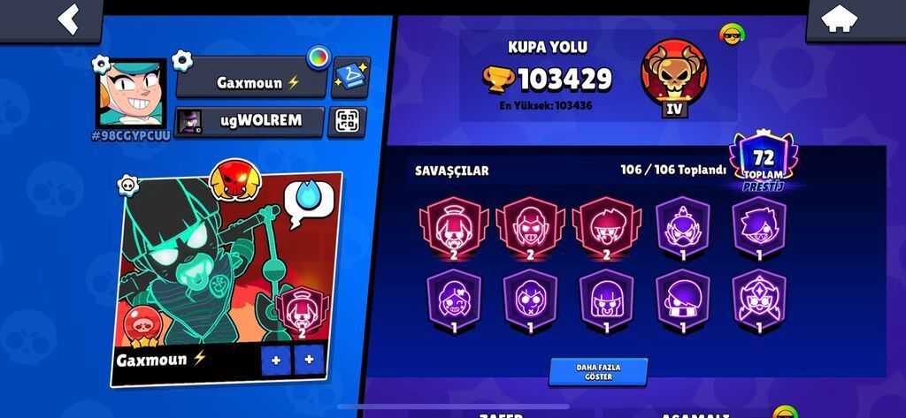 Brawl Stars hesabı – yüksək səviyyəli və tam kolleksiya - Kupa: 103 — Mallar, Şəki (3)