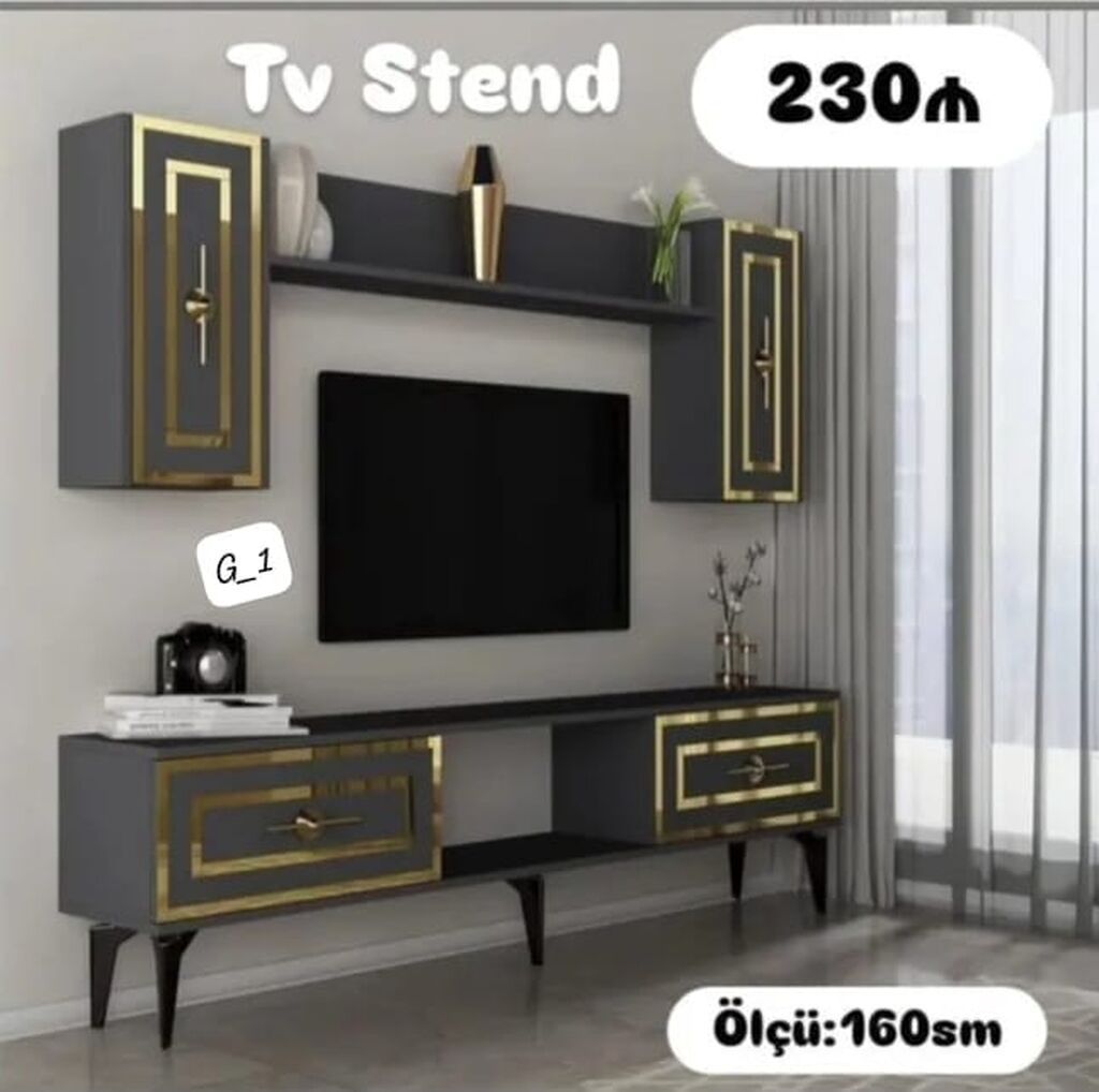 TV stend dəsti – müasir dizayn, qara rəngdə qızılı dekor elementləri