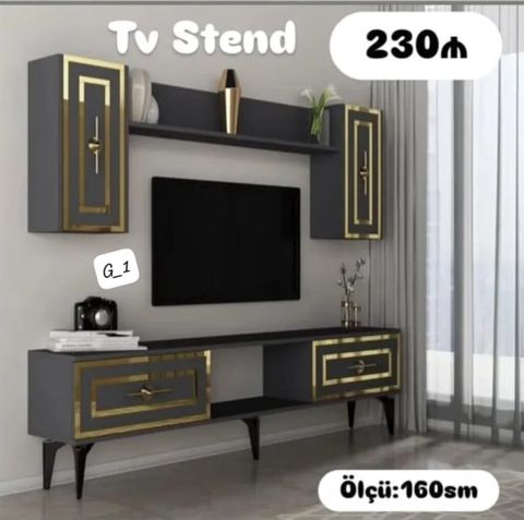 TV stend dəsti – müasir dizayn, qara rəngdə qızılı dekor elementləri