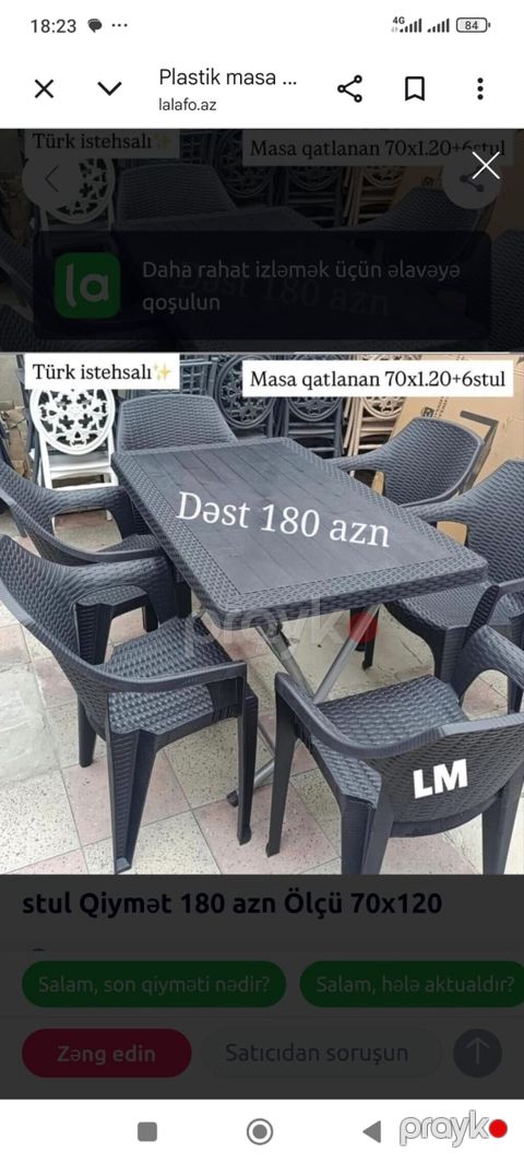 Türk istehsalı plastik yemek dəsti. - Tərkib: qatlanan masa + 6 ədəd