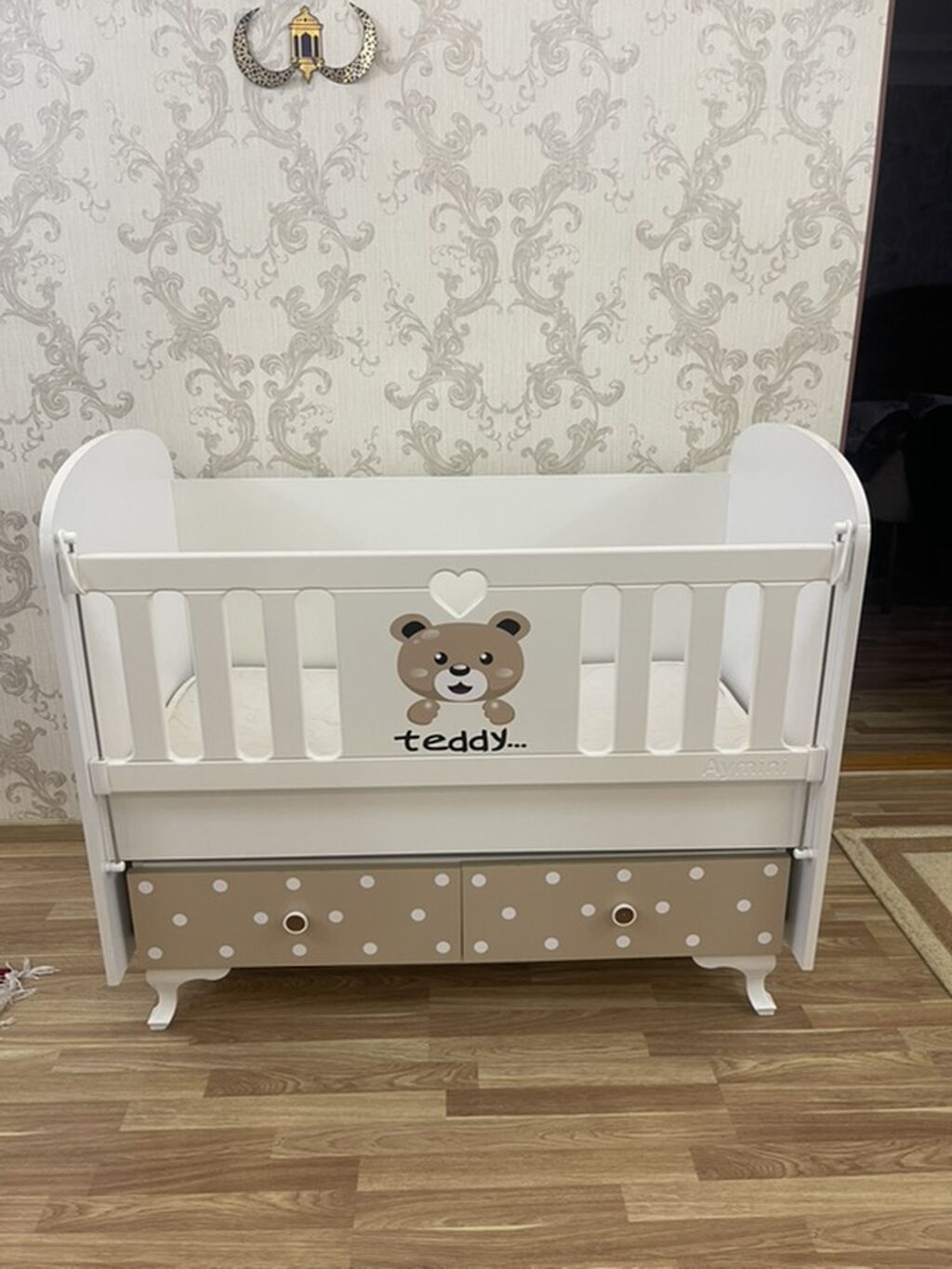 Uşaq beşiyi – “Teddy” dizaynı - Rəng: ağ və bej (ağ nöqtəli bej alt — Mebel, Digah