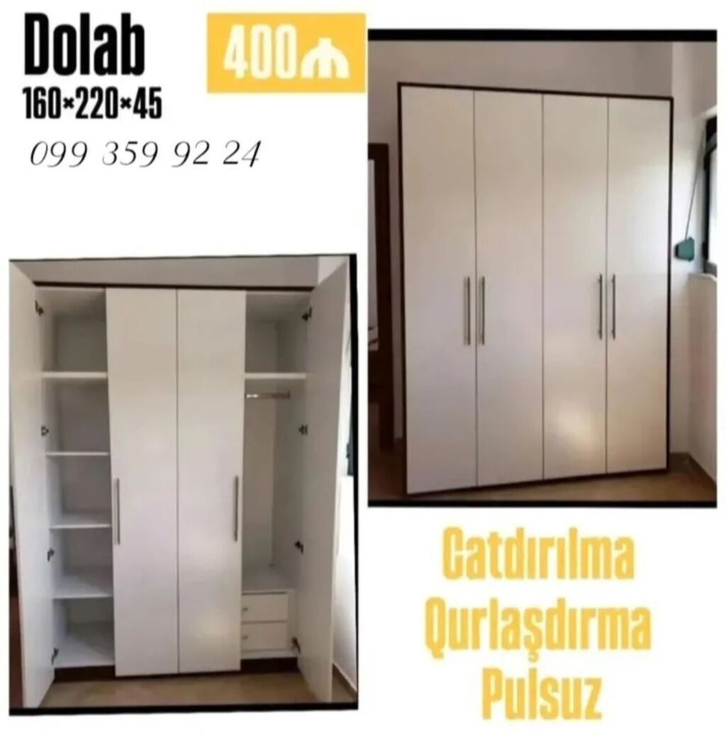 Dördkapılı geyim dolabı Ölçülər: 160 × 220 × 45 sm Rəng: ağ (qəhvəyi — Mebel, Bakı