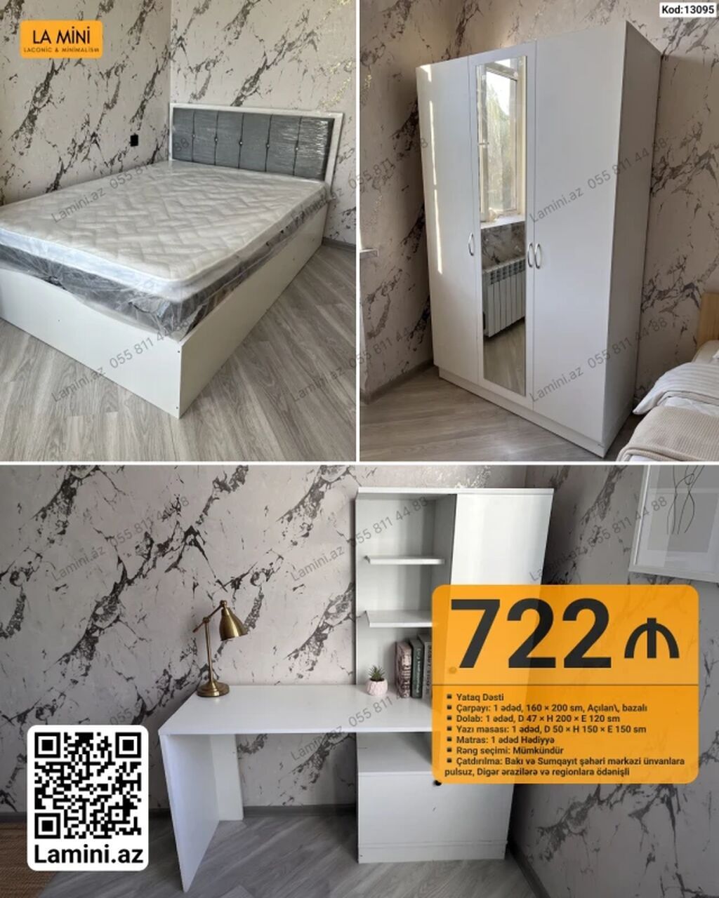 Yataq Dəsti – Kod: 13095 Komplektin tərkibi: - Çarpayı: 1 ədəd, 160 ×