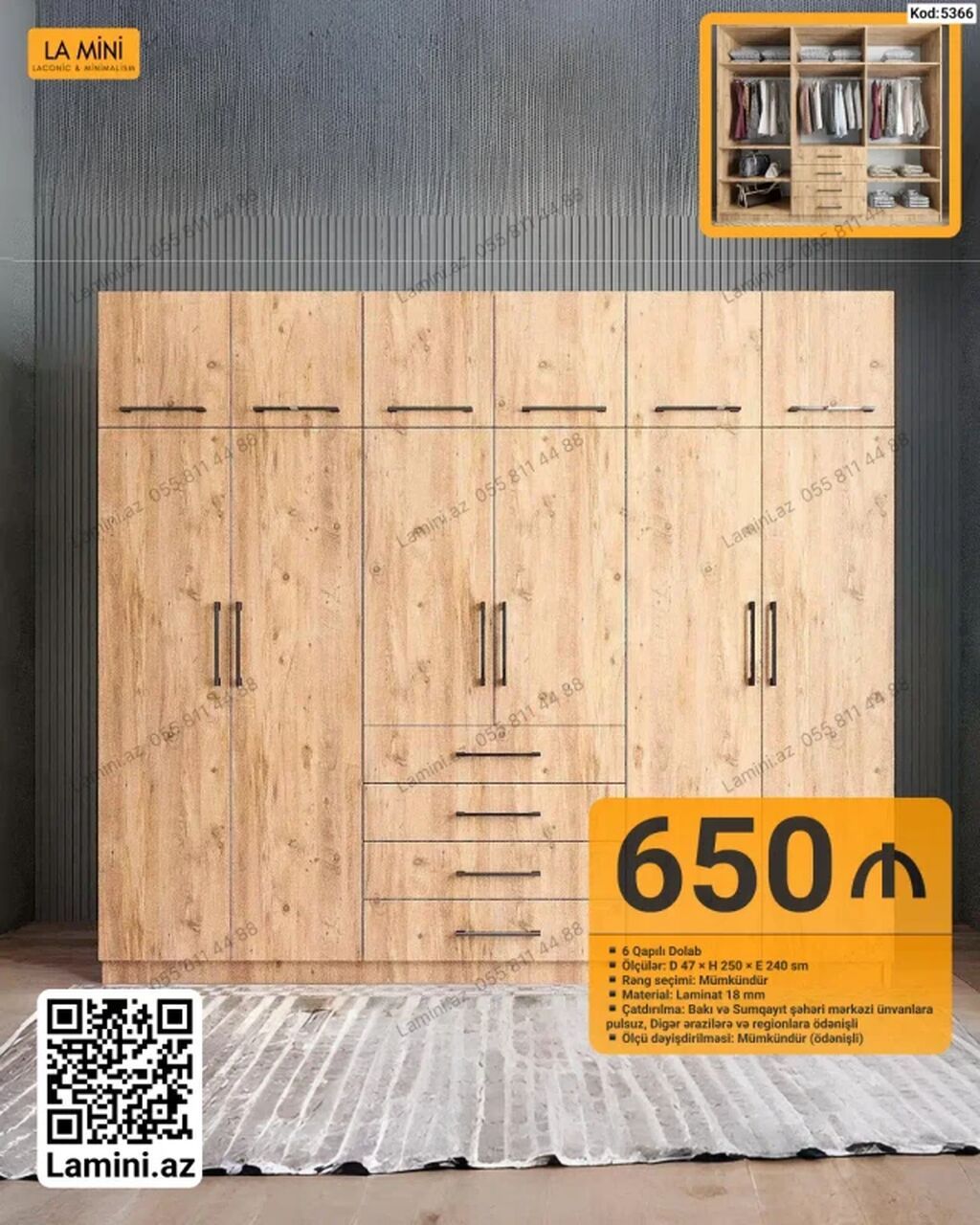 LA MINI 6 qapılı dolab - Kod: 5366 - Ölçü: D 47 × H 250 × E 240 sm -