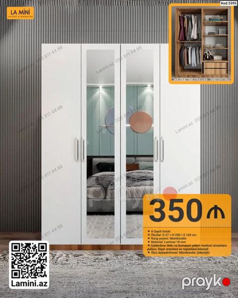 4 qapılı dolab - Ölçü: dərinlik 47 sm hündürlük 200 sm en 160 sm — Bakı