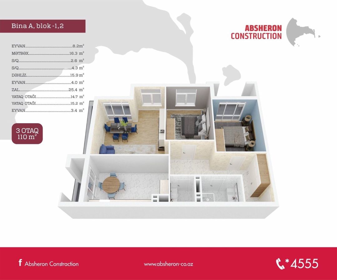 Satılır 3 otaqlı yeni tikili 110 m² — Mənzil, Bakı (8)